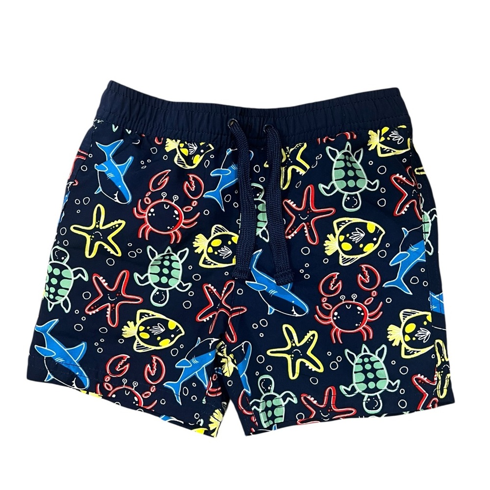 First Impressions Navy Swim Shorts with Multicolor Ocean Creatures